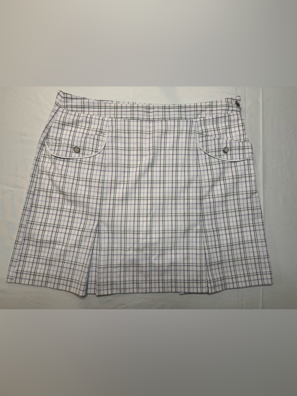 Izod White Midi Skort with Purple and Gray Plaid